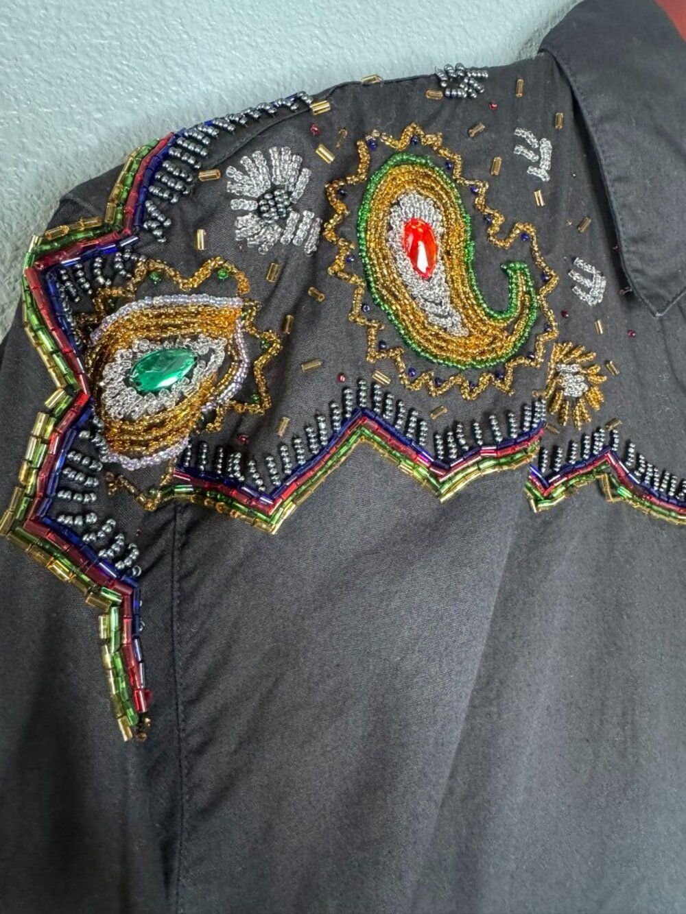 VTG Wrangler Beaded Paisley Western Show Button Shirt Black Cotton Womens Medium